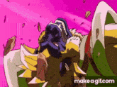 a cartoon character is being destroyed by a purple background .