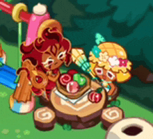 a couple of cartoon characters are sitting at a table with fruit on it .