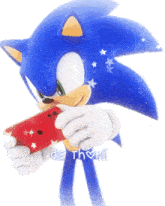 a picture of sonic the hedgehog holding a nintendo switch