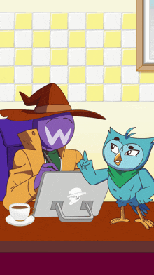 a cartoon of a man and an owl sitting at a table with a laptop that has the letter w on it