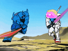 a cartoon of a robot holding a sword and a man holding a gun