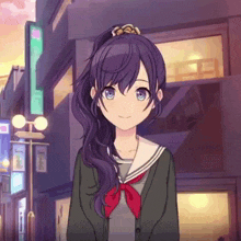 a girl with purple hair is wearing a school uniform and a red bow tie