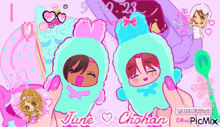 a cartoon of a girl and a boy with june and chohan written on the bottom