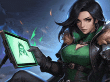 a woman in a green jacket is holding a tablet with a snake on it