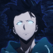 a close up of a anime character with blue eyes