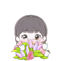 a cartoon drawing of a girl holding a bunch of flowers