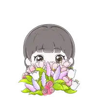 a cartoon drawing of a girl holding a bunch of flowers