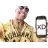 a man in a yellow shirt is holding a cell phone in his right hand .