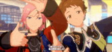 two anime characters are posing for a picture with their hands up