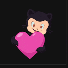 a black cat is holding a pink heart