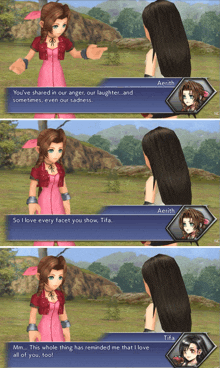 a video game scene with tifa and aerith talking to each other