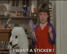 a little girl is standing next to a white poodle holding a brush and saying `` i want a sticker ! ''