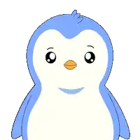 a blue and white penguin with a red beak is looking at the camera
