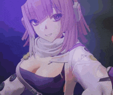 a close up of a purple haired anime character