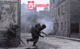 two soldiers are running down a street with a corrupted infantry logo behind them