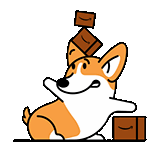 a cartoon corgi dog is sitting on a table with a stack of boxes on its head .