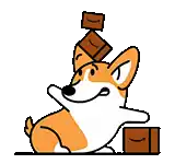a cartoon corgi dog is sitting on a table with a stack of boxes on its head .