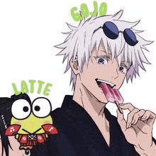 a cartoon drawing of a man eating a popsicle with the words gojo latte written on the bottom