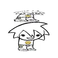 a black and white drawing of a cartoon character with a smiley face on his shirt .