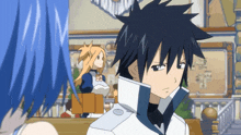 a girl with blue hair and a boy with black hair are looking at each other