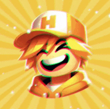a cartoon character wearing a hat with the letter h on it is smiling .