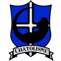 a blue shield with a cross and a cat with chatolisme written on it