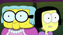 two cartoon characters are sitting next to each other and one is wearing glasses