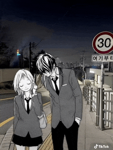 a black and white drawing of a boy and a girl standing next to a sign that says 30