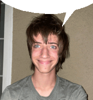 a young man with a speech bubble above his head is smiling