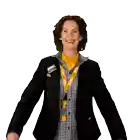 a woman wearing a black jacket and a yellow lanyard with the word jumbo on it