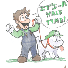 a drawing of a man walking a dog with a speech bubble that says " it 's a walk time "