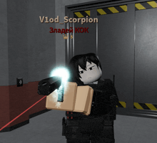 a video game character named vlad scorpion is holding a laser gun