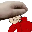 a pixel art of a boy in a red jacket with a hand holding his head .
