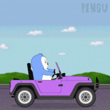 a penguin is driving a purple jeep with the word pengu on the bottom