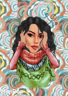 a cartoon drawing of a woman wearing a scarf and sweater