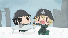 a cartoon of two soldiers with a cross on their helmets
