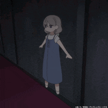 a girl in a blue dress is standing in a dark hallway with a red demon behind her