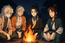 four anime characters are sitting around a campfire