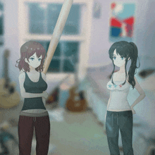 two anime girls are standing next to each other with one holding a bat