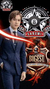 a man in a suit stands in front of a logo for sabumi biggest ball