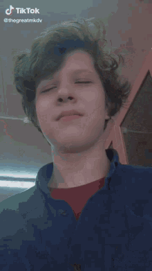 a young man with a blue shirt and a red shirt has a tiktok watermark on his face