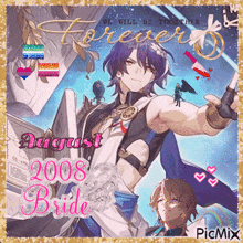 a picture of a man with purple hair and the words august 2008 bride on it