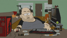 a cartoon of a man sitting at a desk with a keyboard and a computer case that says oe on it