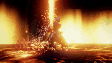 a person in a video game is surrounded by flames and sparks