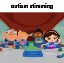 a cartoon of a group of children with the word autism shimmering above them