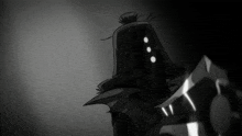 a black and white drawing of a person with a hat on