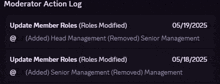 a screenshot of the moderator action log showing updates for members