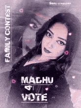 a poster for a family contest with a woman and the name machu on it