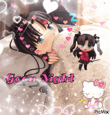 a picture of a girl laying in bed with the words " good night "