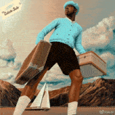 a man carrying a suitcase with a tag that says estate sale on it